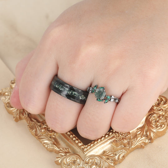 Artsy Branch Leaf Natural Moss Agate Couples Ring Green Matching Ring For Women and Men -  Esdomera.com