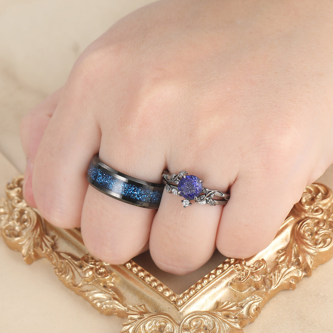 Glittering Blue Galaxy Sandstone Engagement Couple Rings Promise Black Wedding Ring For Men And Women -  Esdomera.com
