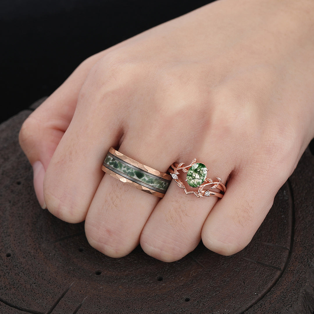 Romantic Moss Agate Leaves Engagement Couple Rings Set Green Matching Promise Rings Wedding Bands