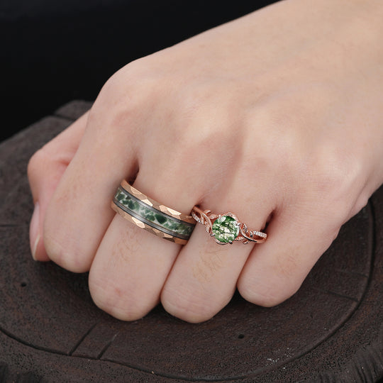 Classic Moss Agate Chestnut Engagement Couple Rings Rose Gold Matching Promise Wedding Bands