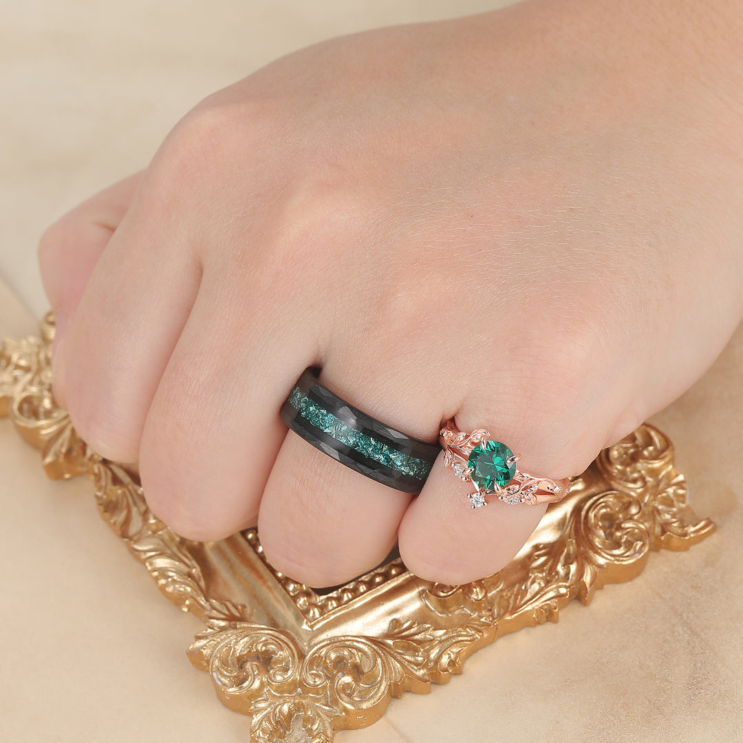 Unique Leaf Design Round Cut Emerald Couple Rings Matching S925 Rose Gold Plated And Black Tungsten Rings