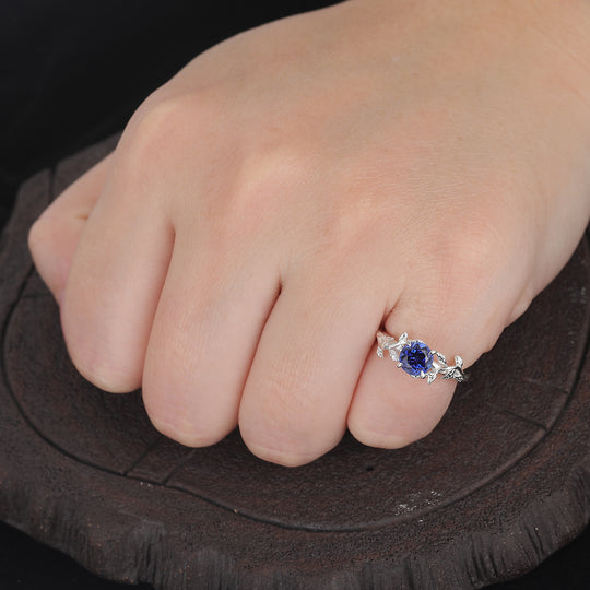 Bague de mariée saphir branche feuille inspirée de la nature Bague de fiançailles saphir taille hexagonale