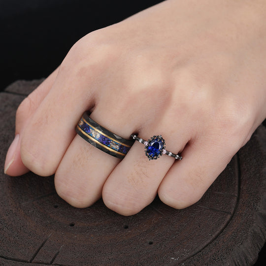 Artsy Blue Sapphire Filigreed Engagement Couple Rings Promise Matching His And Hers Wedding Bands