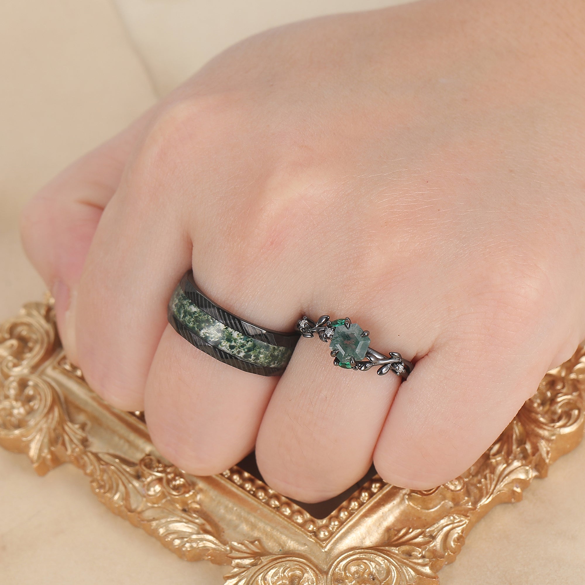 Exquisite Sprig Moss Agate Engagement Couple Rings Promise