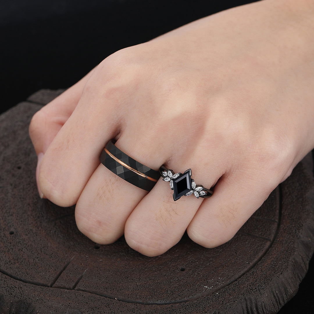 Noble Petal Black Onyx Engagement Couple Rings His And Hers Wedding Bands Marriage Rings