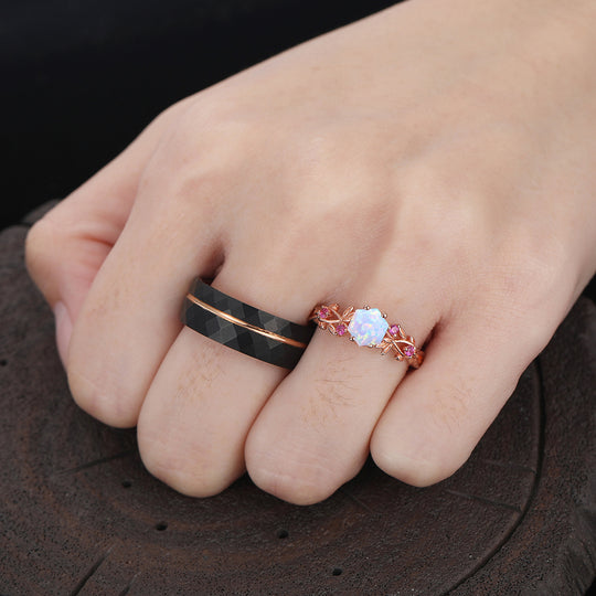 Dreamy Leaves Pink White Opal Engagement Couple Rings Stylish Matching Tungsten His And Hers Wedding Bands