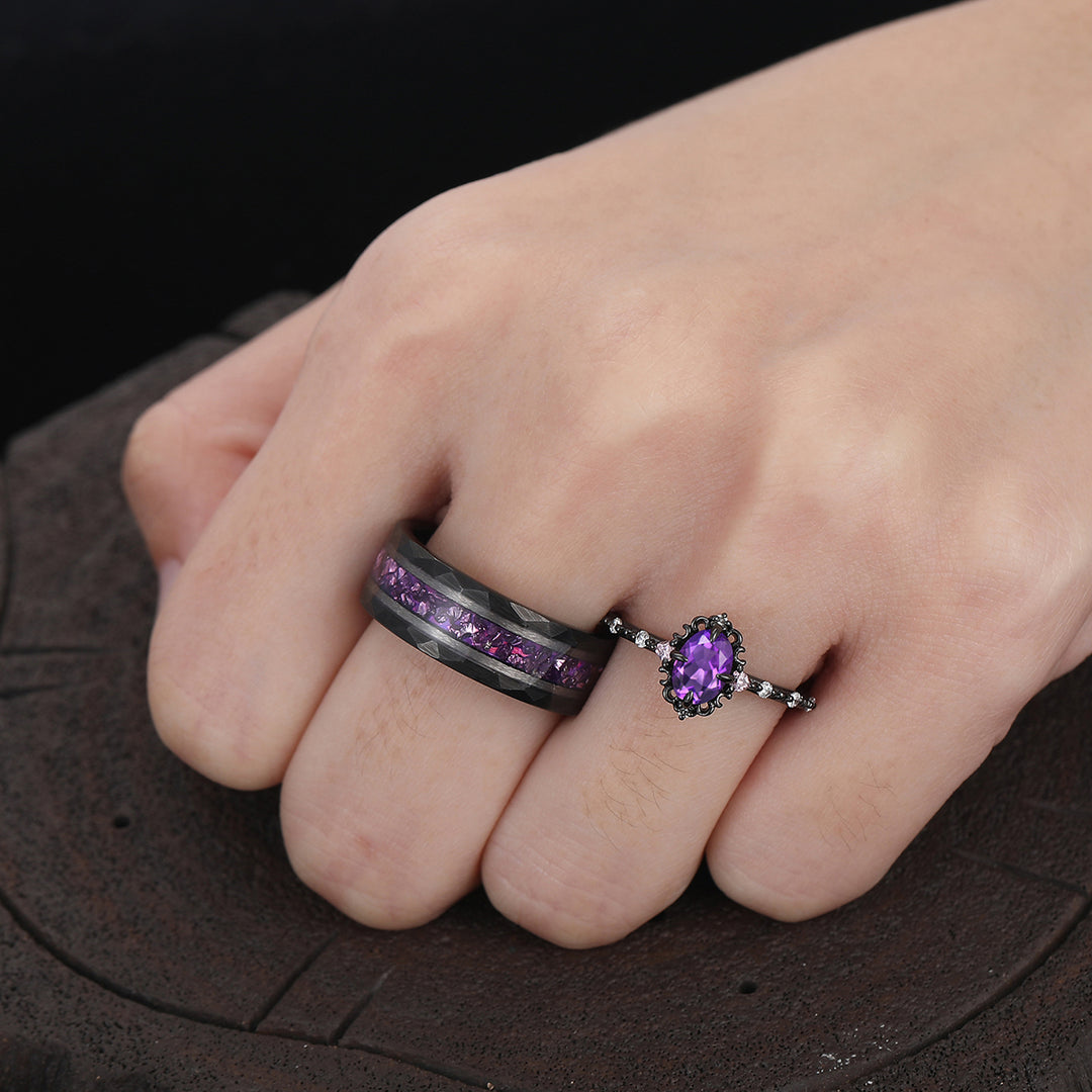 Dainty Purple Amethyst Filigreed Engagement Couple Rings Promise Wedding Bands For Men And Women