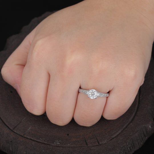 Vintage Engraved Floral Round Moissanite Bridal Ring Solid Yellow Gold Moissanite Women Ring