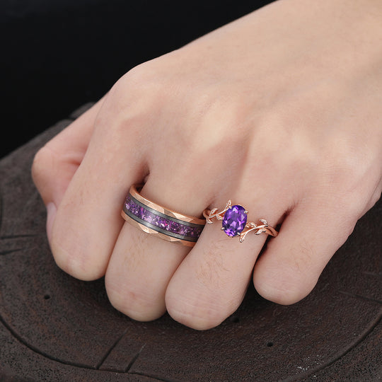 Classic Vine Oval Purple Amethyst Engagement Couple Rings Promise His and Her Wedding Band Matching Ring