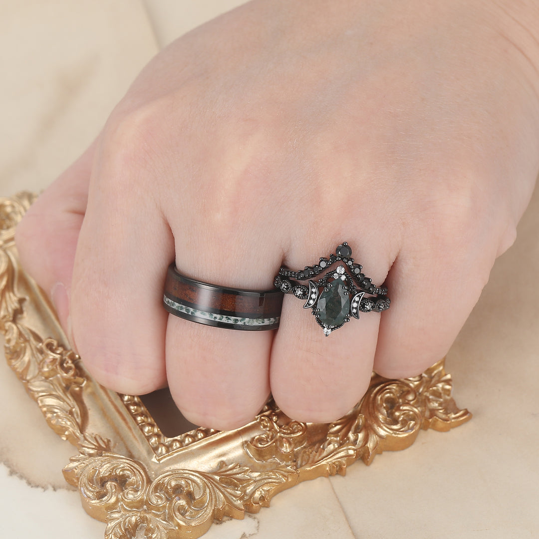 Vintage Black Plated Natural Moss Agate Pear Black Obsidian Couples Ring Set -  Esdomera.com