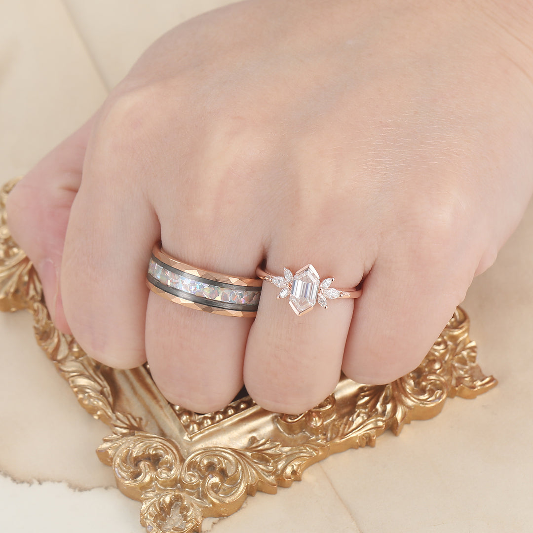 Minimalist Long Hexagon Moissanite Matching Rings Tungsten and Sterling Silver Couple Rings