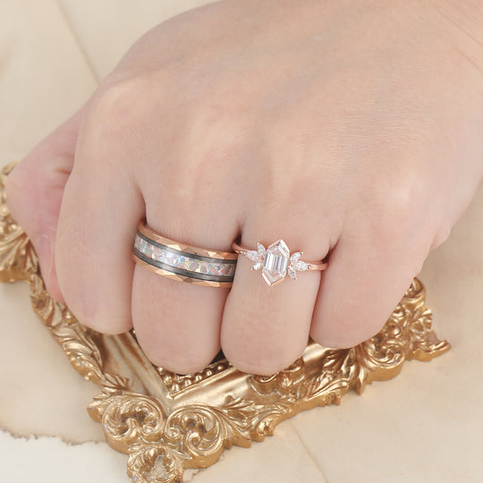 Minimalist Long Hexagon Moissanite Matching Rings Tungsten and Sterling Silver Couple Rings