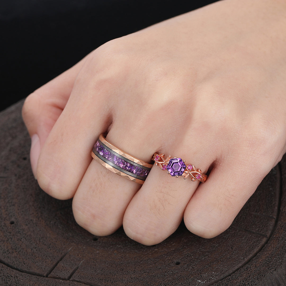 Romantic Twig Purple Amethyst Engagement Couple Rings Matching Tungsten His and Her Wedding Band