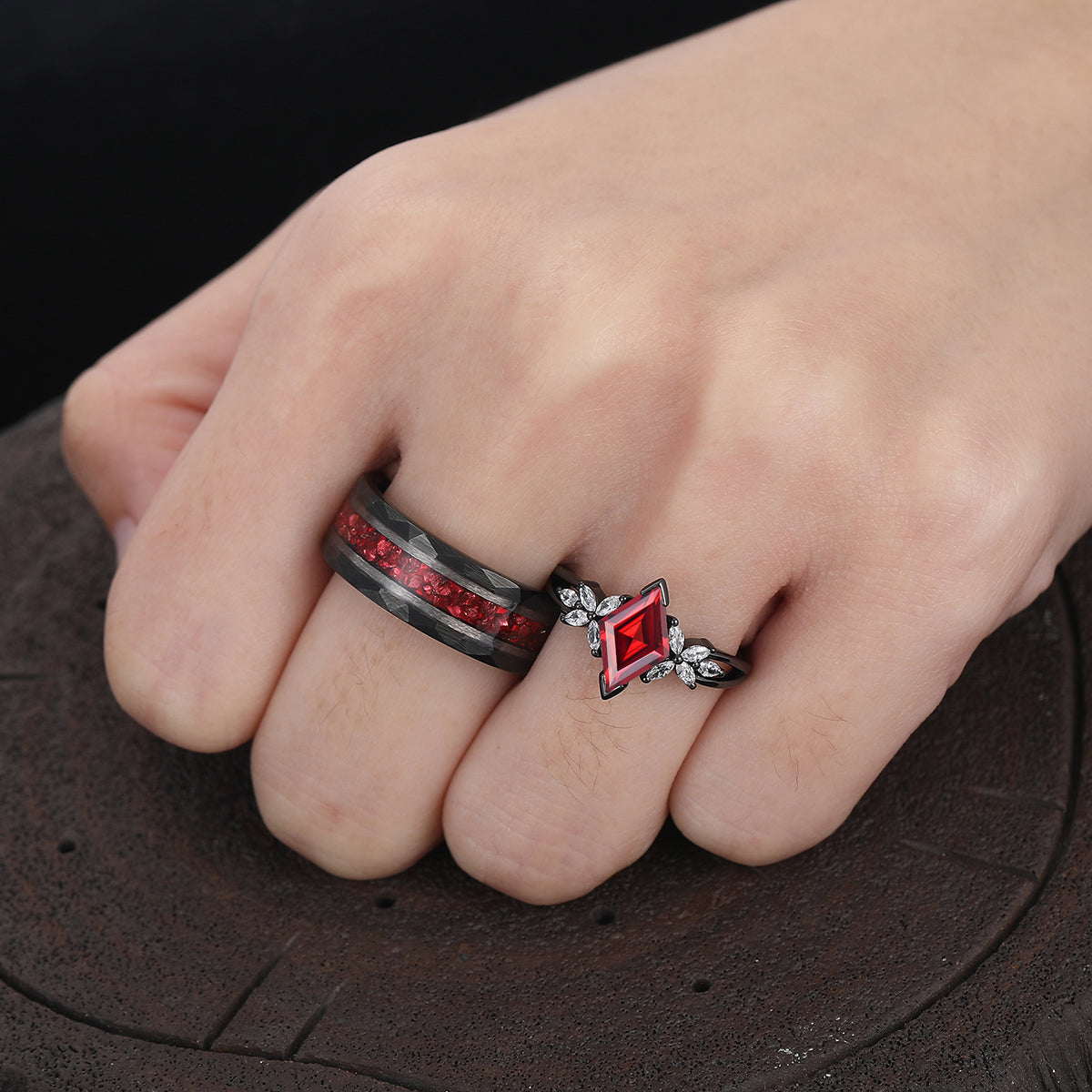 Promise Petal Red Garnet Deco Milgrain Engagement Couple Rings