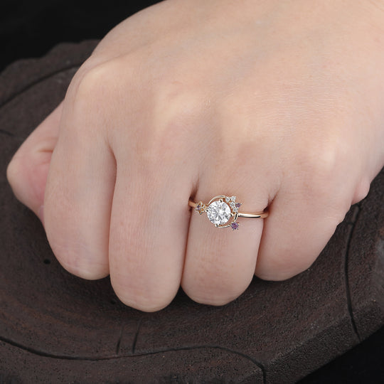 Round Cut Lab Grown Diamond Ring Amthyst Inlaid Women Ring (IGI Certified)
