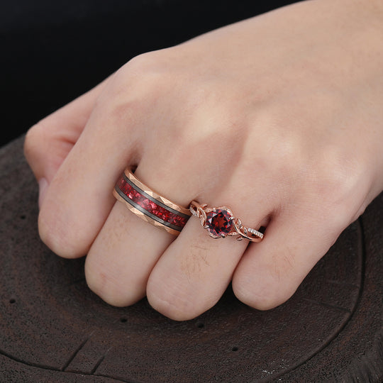 Gorgeous Leaves Red Garnet Half Eternity Engagement Couple Rings Wedding Band Marriage Ring For Men And Women