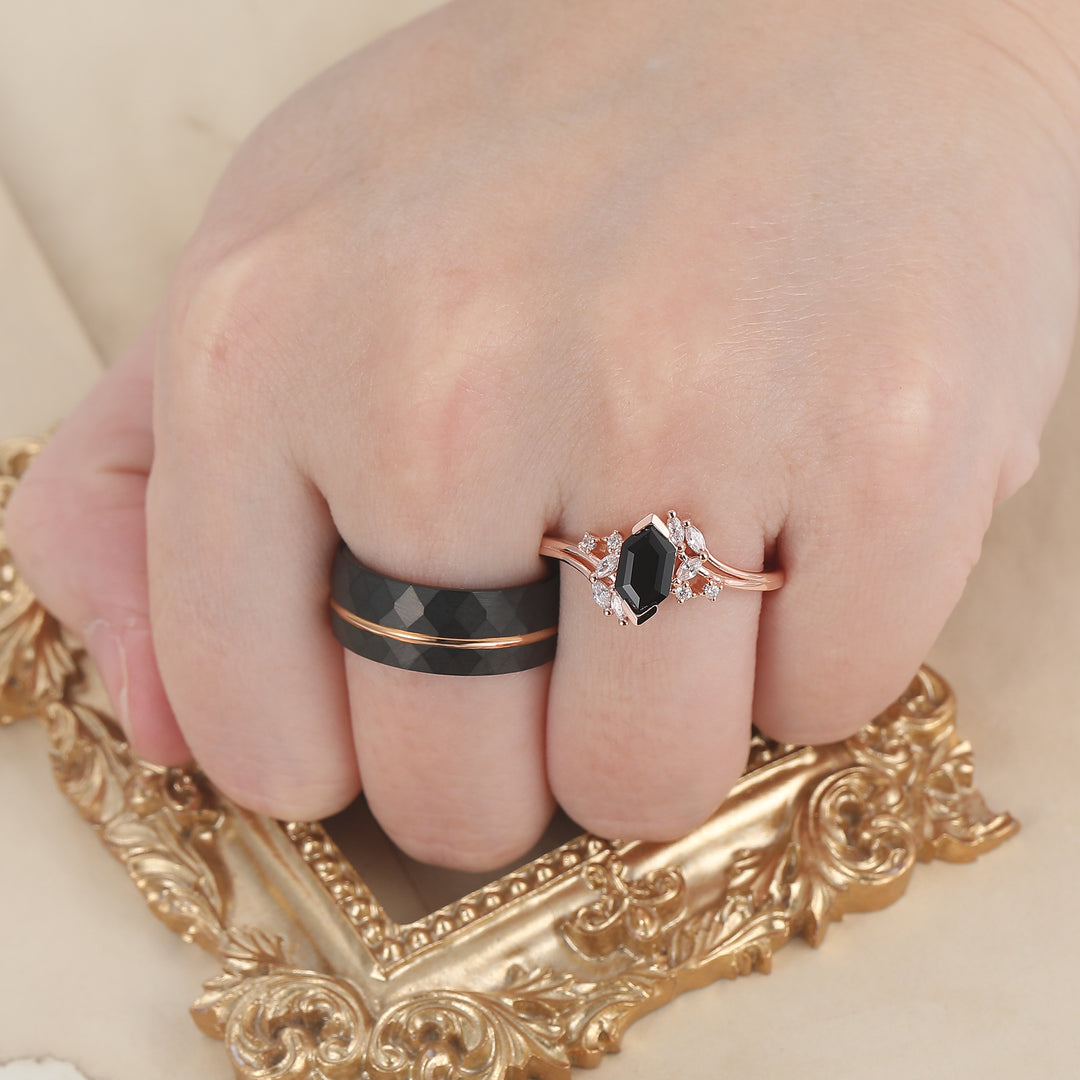 Exquisite Natural Black Onyx Cluster Engagement Couple Rings Matching Stylish Hammered Tungsten His And Hers Wedding Rings -  Esdomera.com