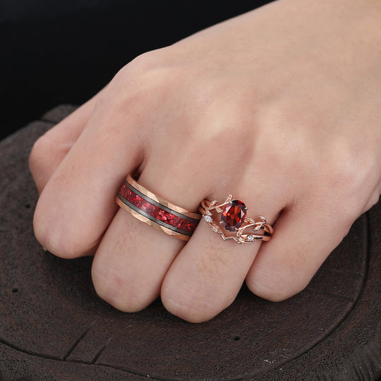 Fascinating Vines Red Garnet Engagement Couple Rings Set Promise His and Her Wedding Bands