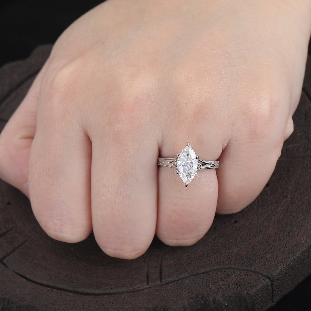 Marquise Cut Solitaire Moissanite Ring Solid Gold Filigree Wedding Ring 6 Prongs Women Ring