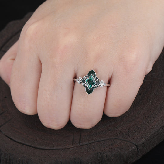 Anello con smeraldo taglio principessa in resina verde, oro rosa, anello vintage Art Deco per fidanzamento
