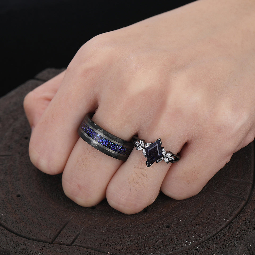 Delicate Petal Blue Sandstone Engagement Couple Rings Dark Blue Matching His And Hers Wedding Bands