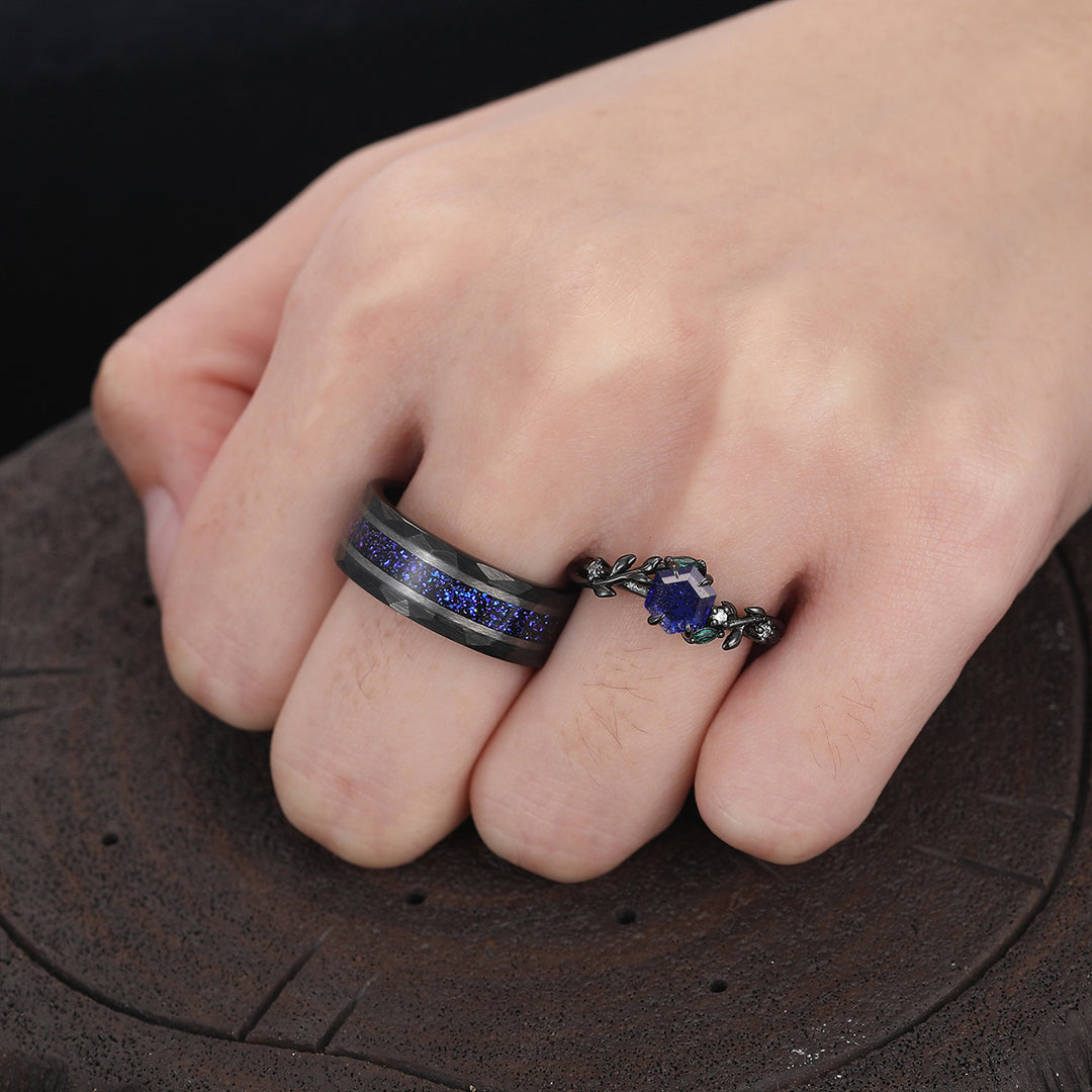 Unique Blue Galaxy Sandstone Engagement Leaves Couple Rings Black Plated Matching His And Hers Wedding Bands