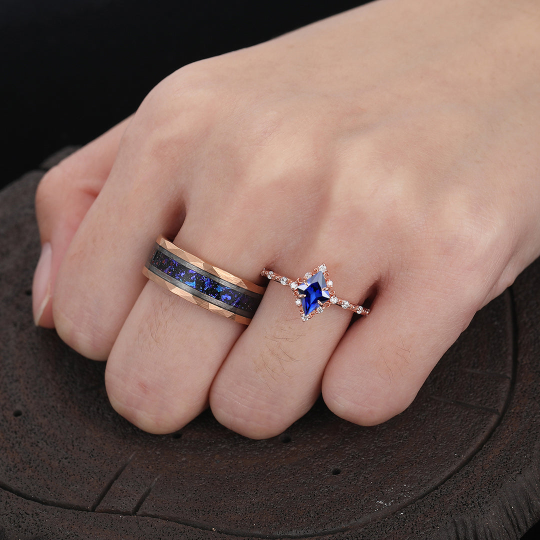 Dainty Sapphire Prong Gold Engagement Couple Rings Blue Tungsten Matching His And Hers Marriage Ring