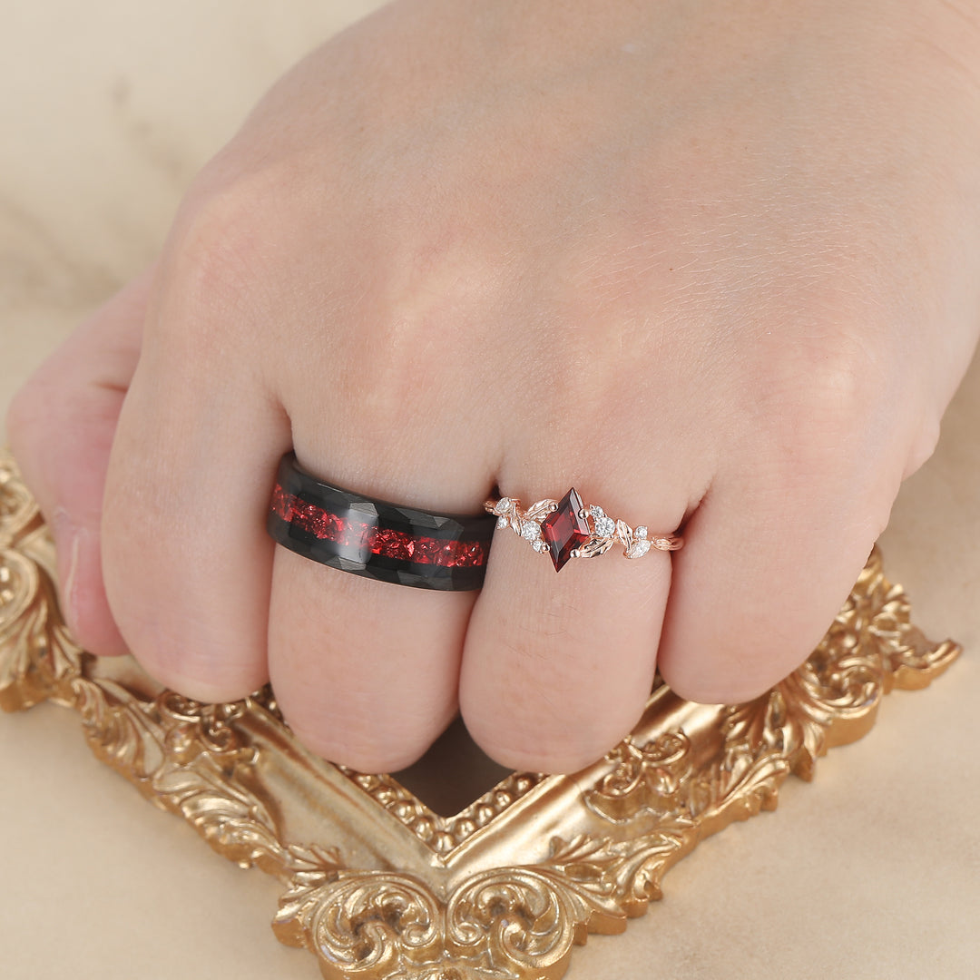 Exquisite Rhombus Cut Red Garnet Couple Ring Set Leaf Inspired His And Hers Rings -  Esdomera.com