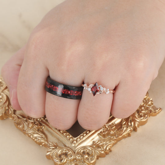 Exquisite Rhombus Cut Red Garnet Couple Ring Set Leaf Inspired His And Hers Rings -  Esdomera.com