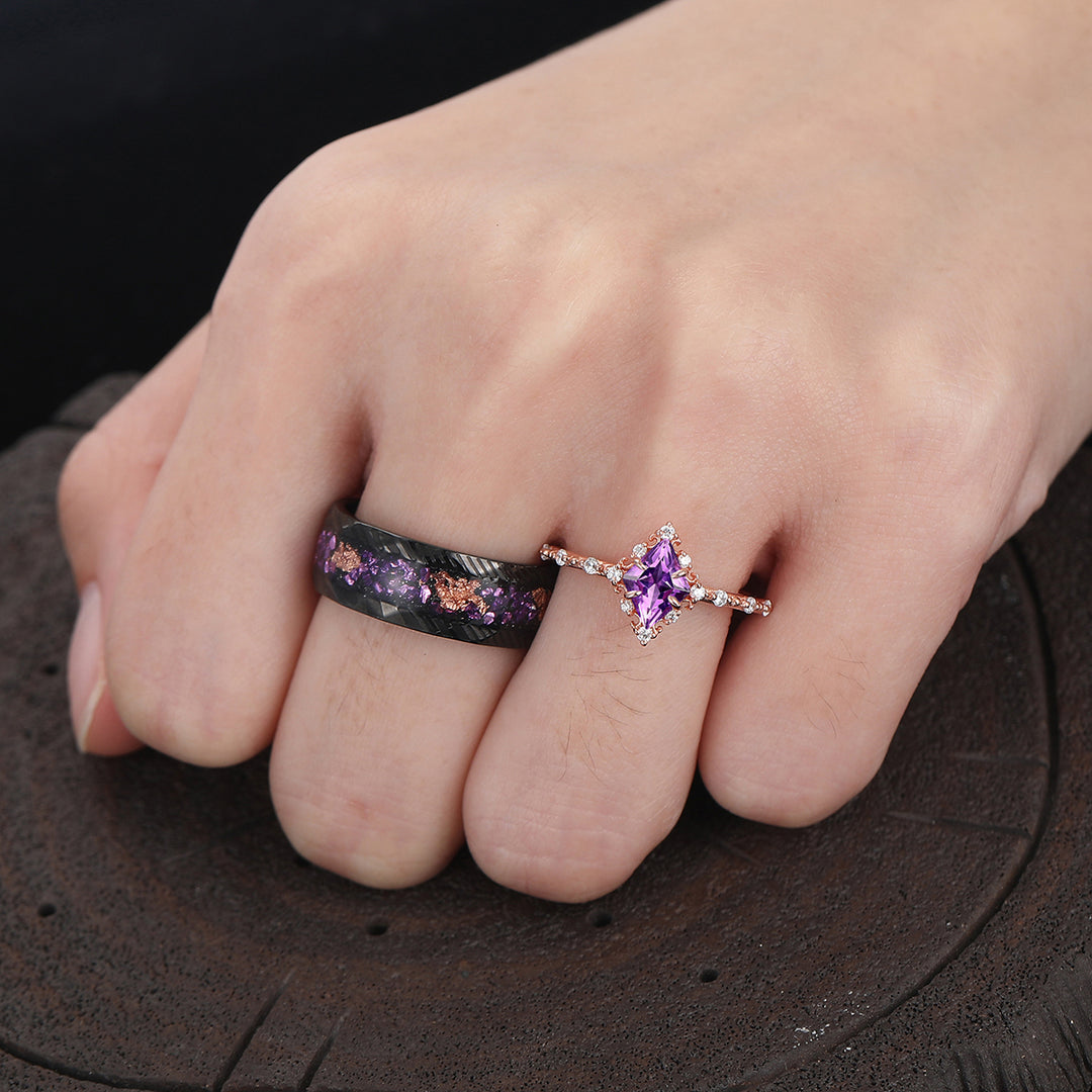 Dainty Filigreed Purple Amethyst Engagement Couple Rings Matching His And Hers Wedding Rings