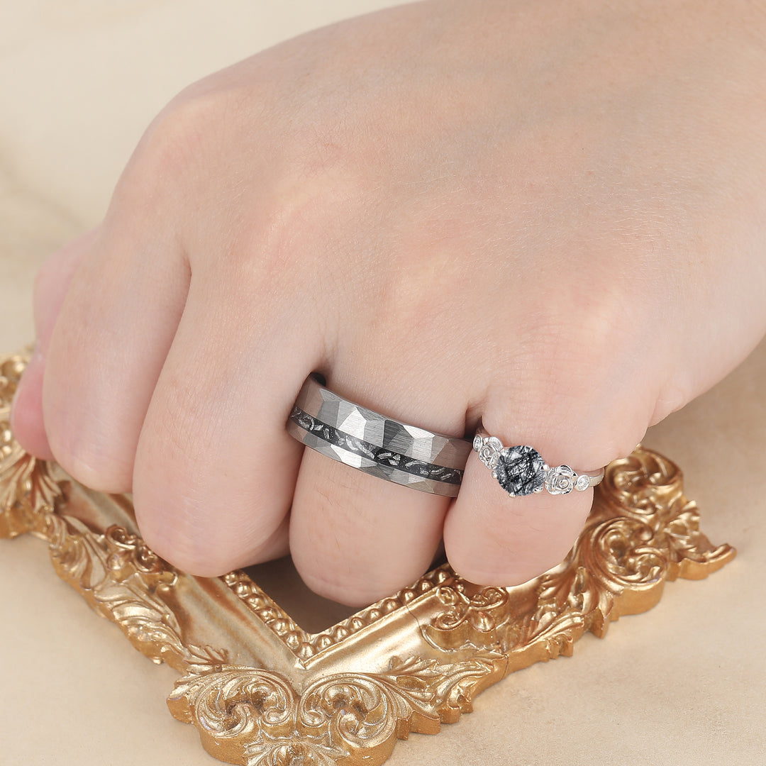 Floral Engraved Round Black Rutilated Quartz Couple Rings S925 And Tungsten Ring Set