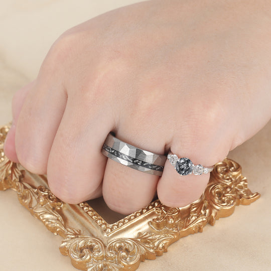 Floral Engraved Round Black Rutilated Quartz Couple Rings S925 And Tungsten Ring Set