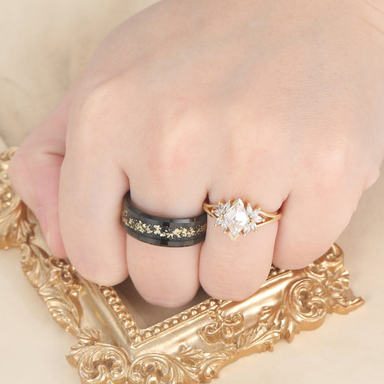 Art Deco Petal Moissanite Engagement His and Hers Wedding Rings Gold Leaf Tungsten Matching Rings -  Esdomera.com
