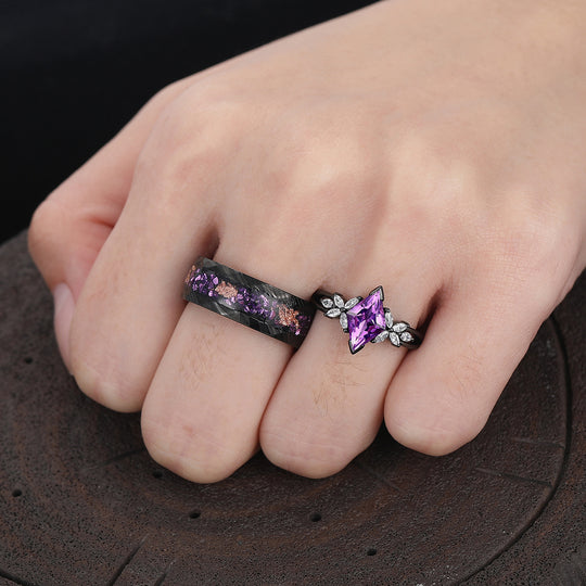 Floral Purple Amethyst Engagement Couple Rings Promise Damascus Matching His And Hers Wedding Rings