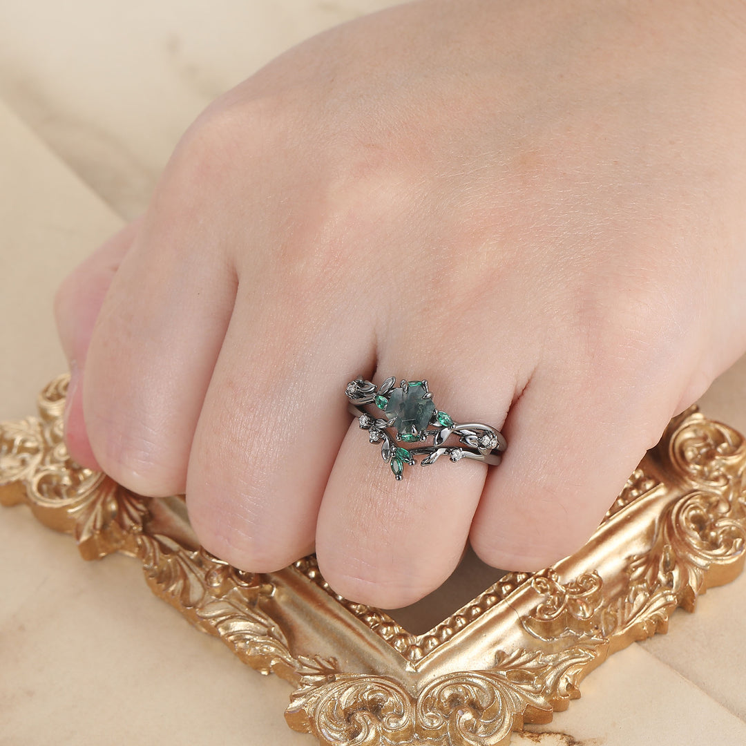 Leaf Sprig Moss Agate Engagement Ring Set Natural Inspired Bridal Ring Set