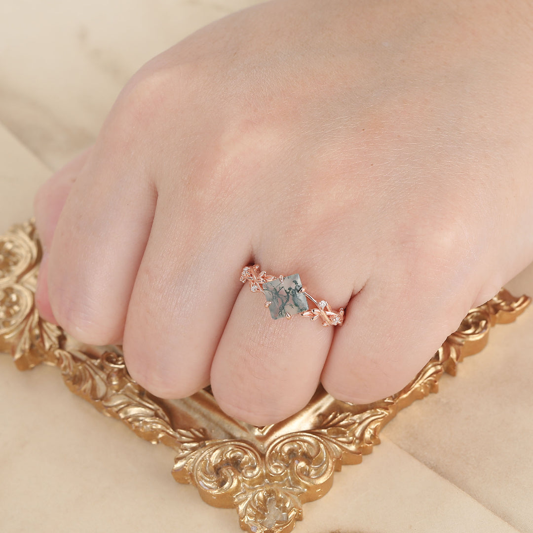Bague de fiançailles en agate mousse naturelle taille princesse antique Bague de mariage anniversaire forme feuille