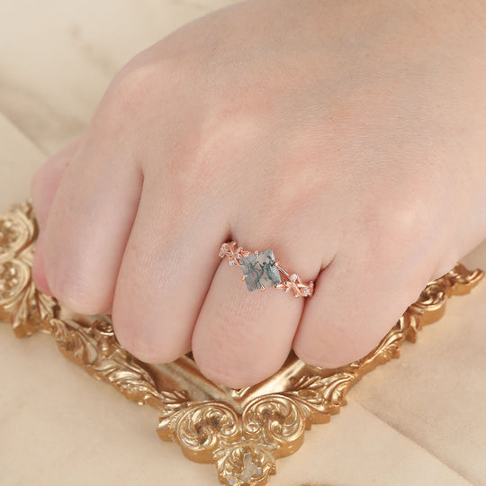 Bague de fiançailles en agate mousse naturelle taille princesse antique Bague de mariage anniversaire forme feuille