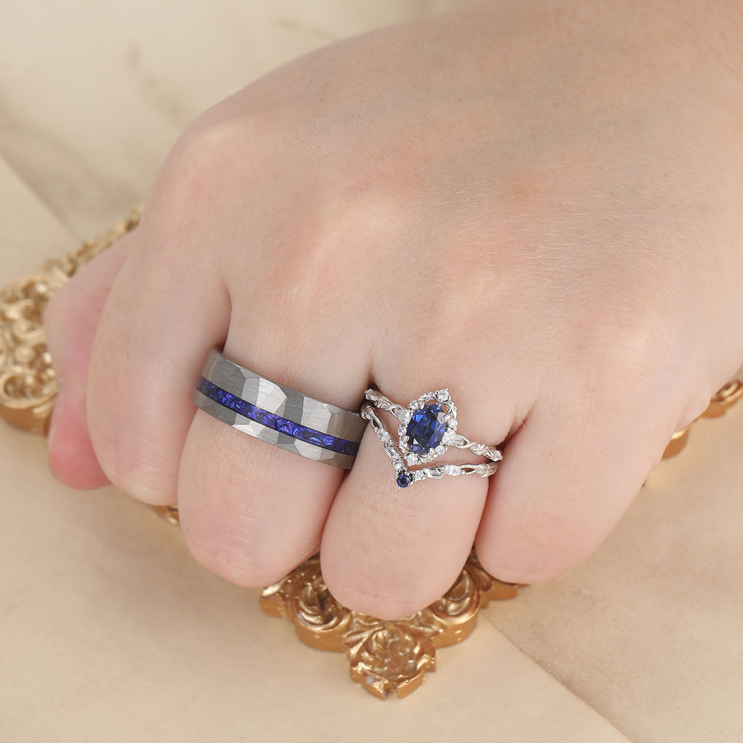 Barockinspiriertes, filigran gearbeitetes Paar-Ring-Set mit Saphir, blau – passende Ringe für Sie und Ihn