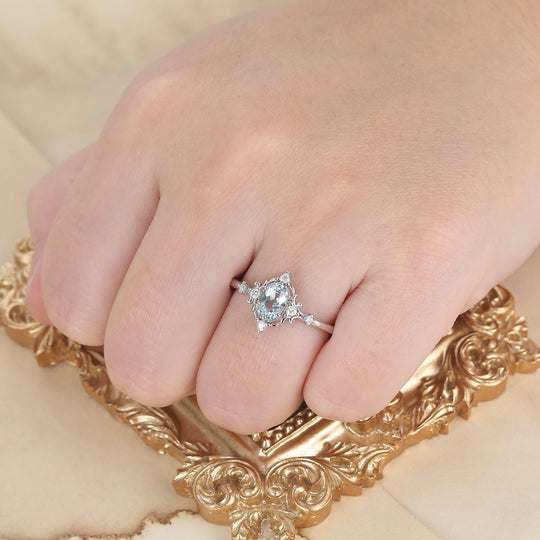 Antieke bloemmotief ovale geslepen aquamarijn verlovingsring 14K roségouden trouwring