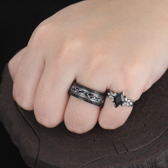 Stylish Black Onyx Deco Milgrain Moissanite Floral Couple Rings Matching Black Rutilated Quartz Inlay Tungsten Marriage Ring -  Esdomera.com