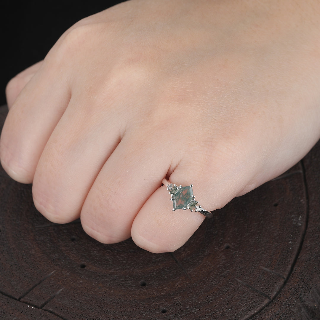 1.1CT Long Hexagon Cut Moss Agate Engagement Ring For Women Gift -  Esdomera.com