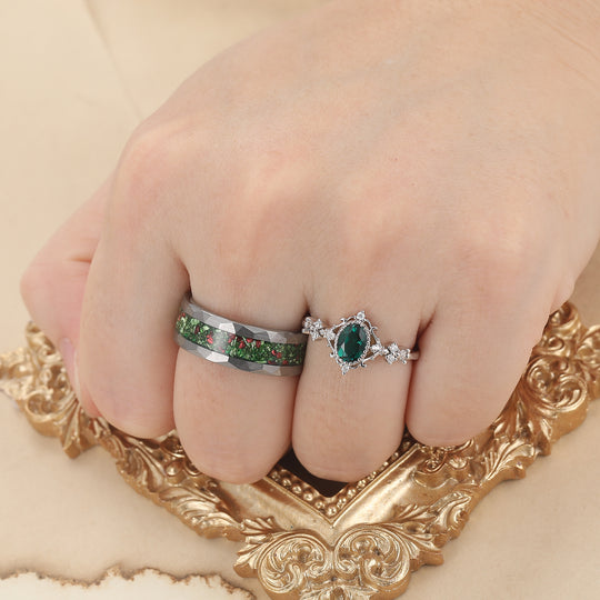 Baroque-inspired Green Emerald Couple Rings Unique Scrollwork Matching Rings For Couples