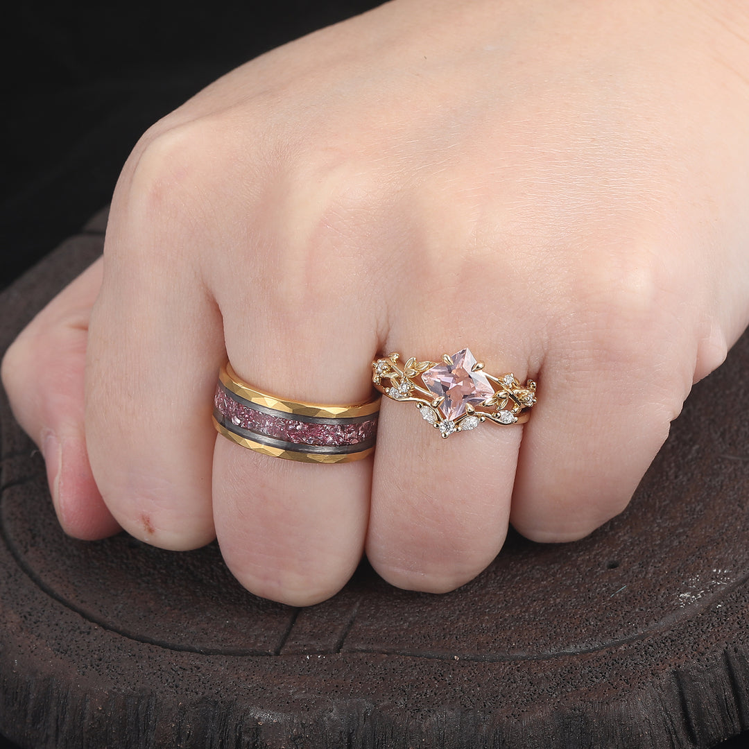 Bague de fiançailles florale feuille de morganite rose classique Bagues de promesse pour couple en or jaune et rose