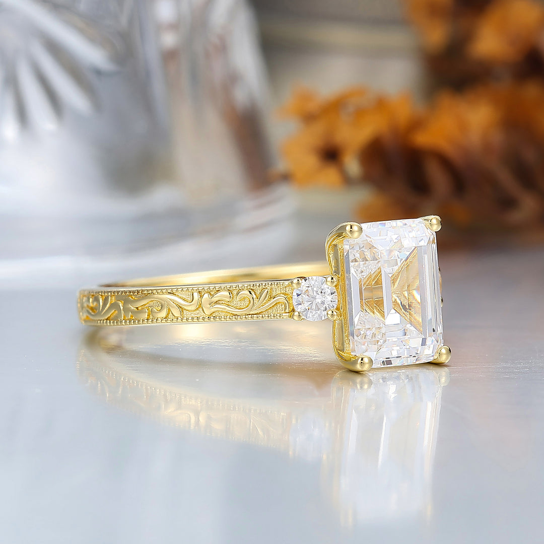 Unique Milgraine 2CT Emerald Cut Moissanite Wedding Ring For Women 3 Stone Engagement Ring