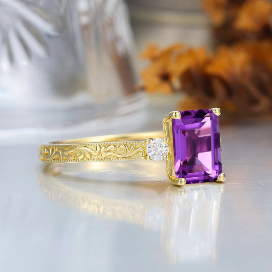Unique Milgraine 2CT Emerald Cut Amethyst Wedding Ring For Women 3 Stone Engagement Ring