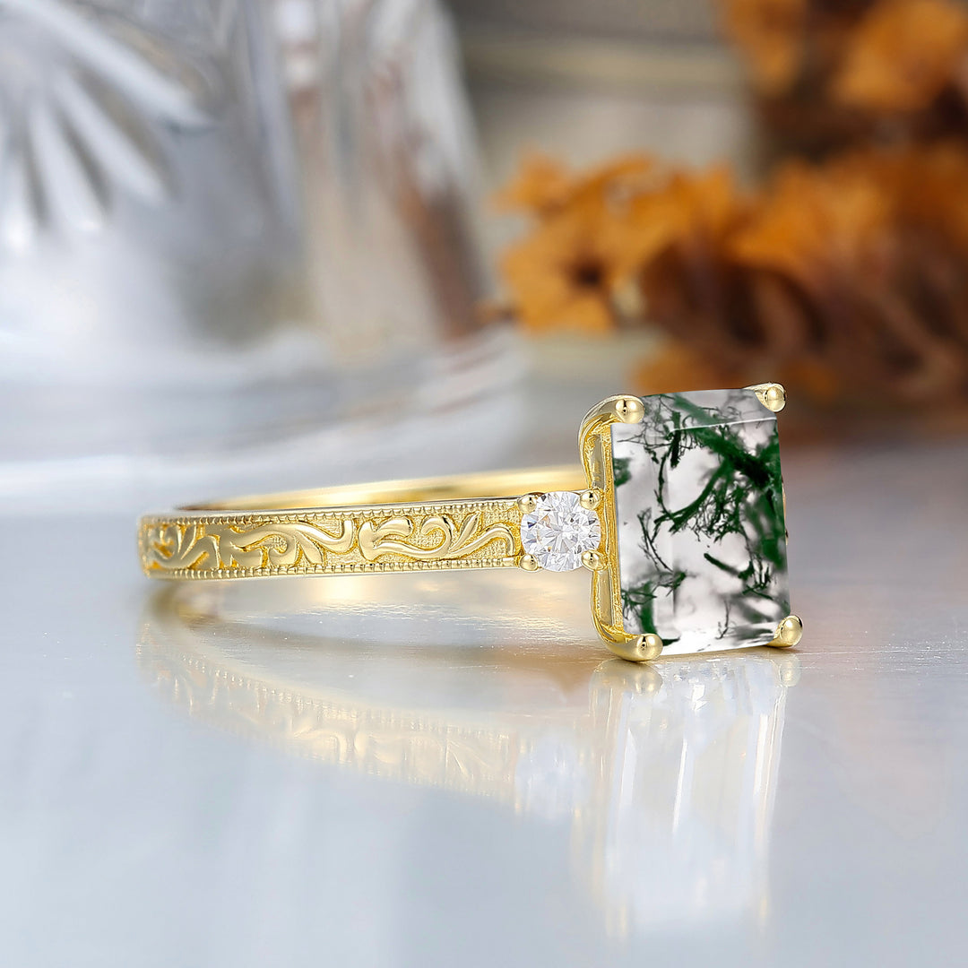 Unique Milgraine 2CT Emerald Cut Moss Agate Wedding Ring For Women 3 Stone Engagement Ring