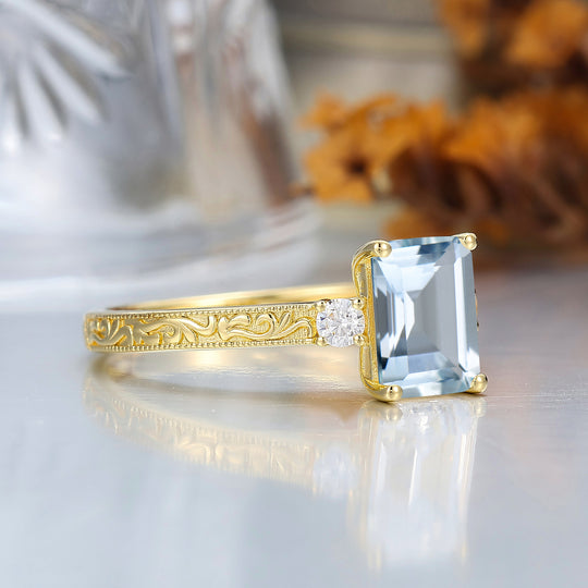 Unique Milgraine 2CT Emerald Cut Aquamarine Wedding Ring For Women 3 Stone Engagement Ring
