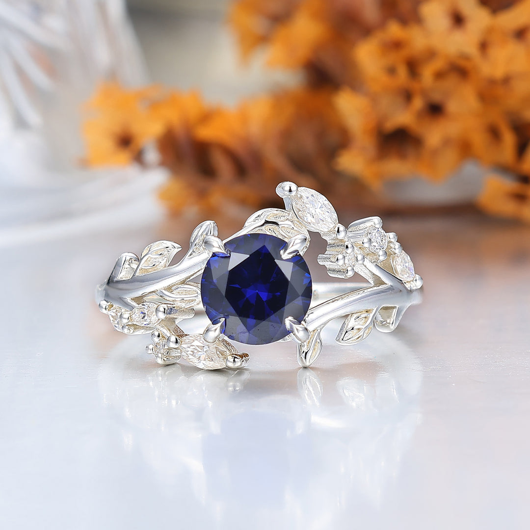 14k Rose Gold Sapphire round cut nature inspired Leaf Vine Bypass ring