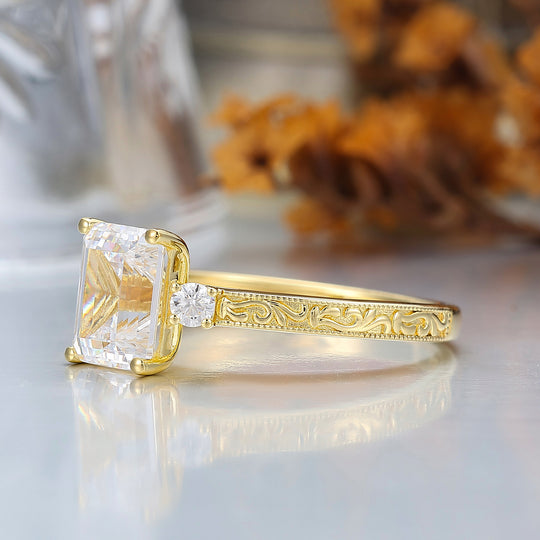 Unique Milgraine 2CT Emerald Cut Moissanite Wedding Ring For Women 3 Stone Engagement Ring