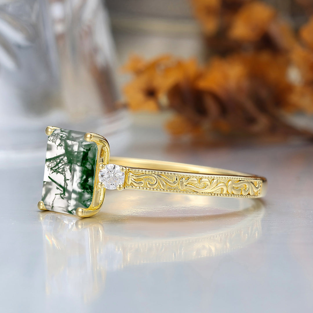 Unique Milgraine 2CT Emerald Cut Moss Agate Wedding Ring For Women 3 Stone Engagement Ring